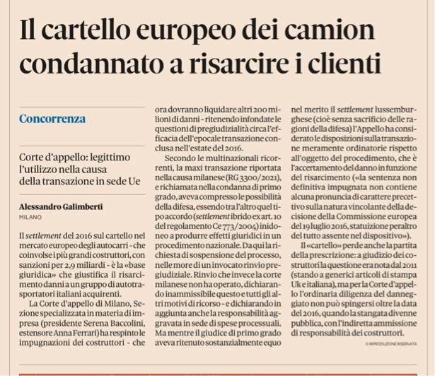 Cartello dei camion: articolo de il Sole 24 ore sulla sentenza della Corte d’Appello di Milano a favore dei clienti di ALI-